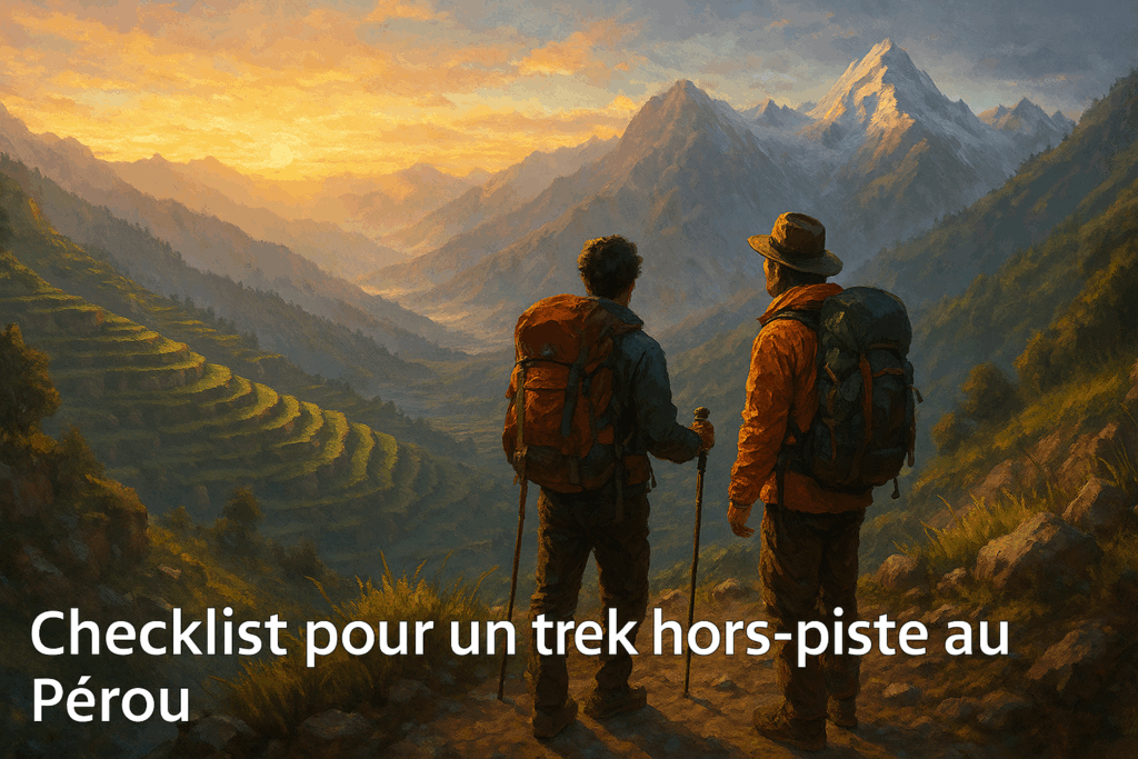 Trek Pérou hors-piste : randonneurs sur les terrasses andines